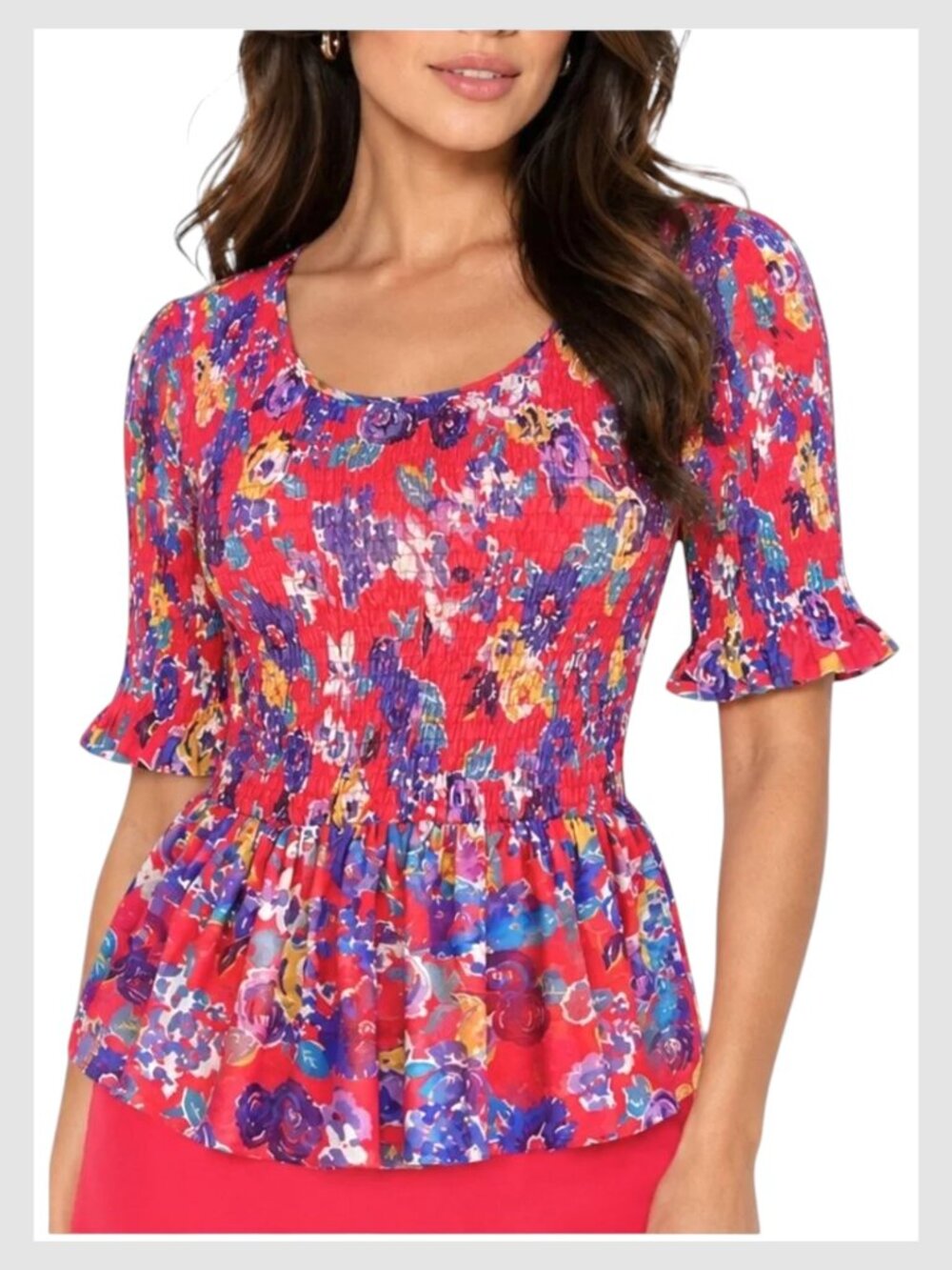Anthropologie Maeve Ashton Smocked Peplum Top Red Floral Size S - Picture 1 of 10